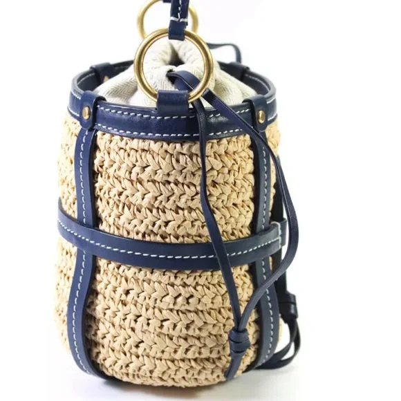 Tory Burch Leather Trim Basket Weave Drawstring Bucket Bag Blue - Picture 4 of 12